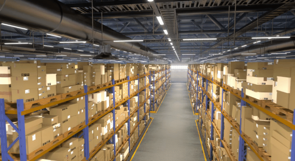 A logistics warehouse showing the complexity of K-Beauty export, a key part of how to start a K-Beauty import business.