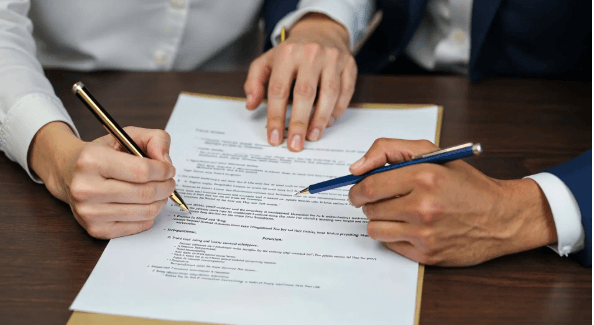 Alt Text (대체 텍스트): A serious B2B negotiation for the Korean market, showing professionals reviewing contract documents.