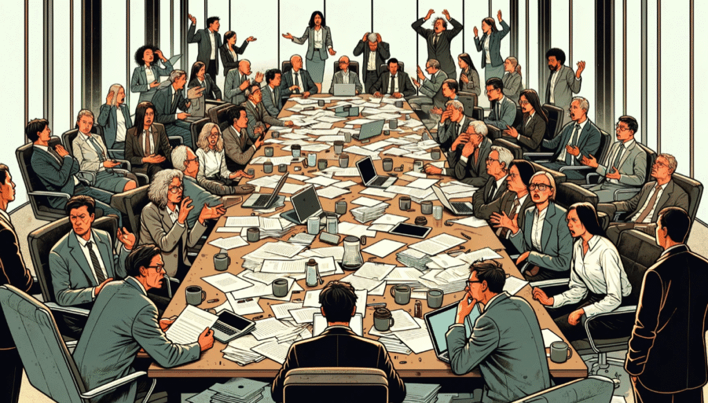  A frustrated foreign executive in a Korean business meeting, showing the communication trap of setting up a business in Korea.