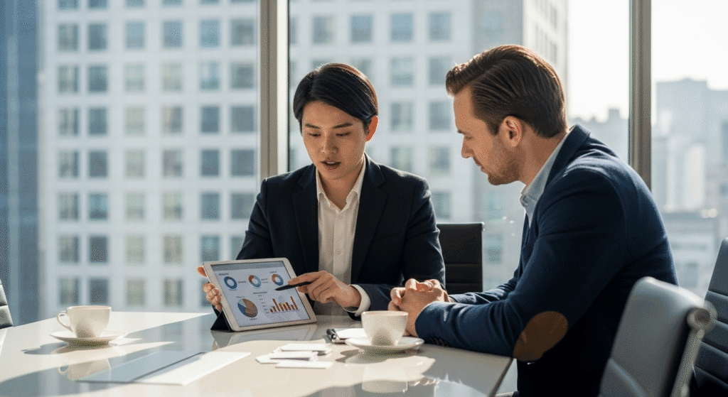  A professional consultant (Colin) helping a client navigate the complex Korean SIM Card Guide options on a laptop.