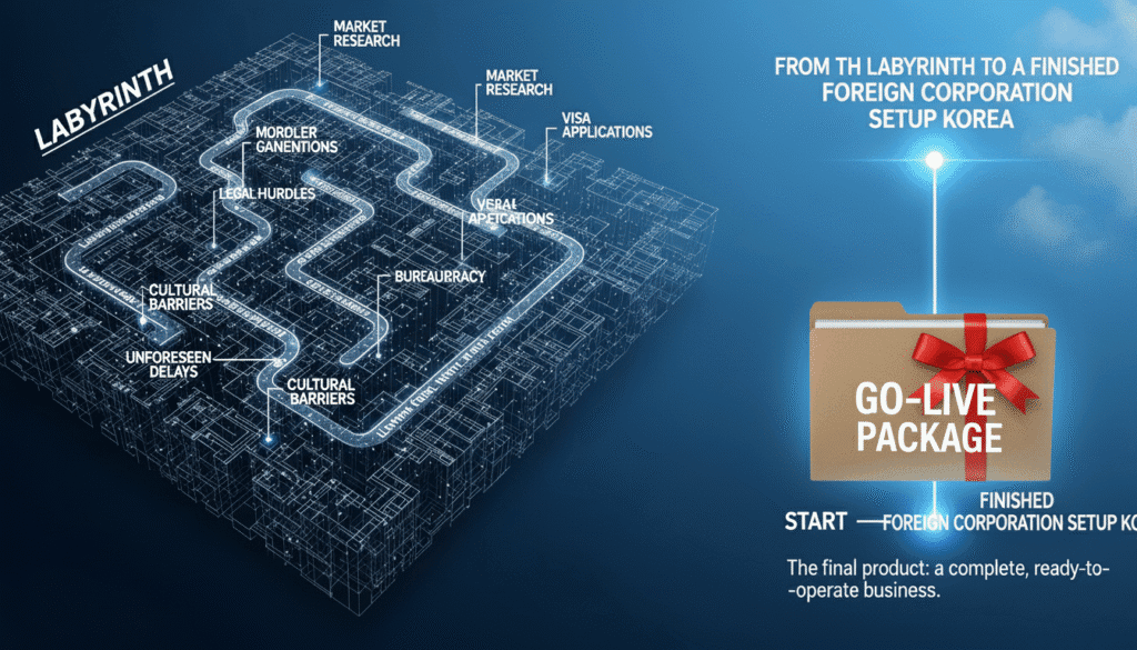 A "Go-Live Package" folder with a red ribbon
The final product: a complete, ready-to-operate business.